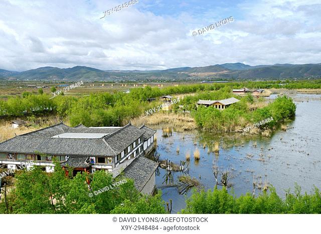 West over Lashi Lake at Lijiang Lashihai Plateau Wetland Nature Reserve, Yunnan. Important Naxi and Li ethnic people and major bird migration area