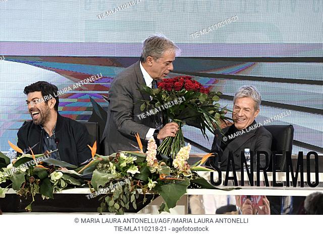 Pierfrancesco Favino, Director of Rai1 Angelo Teodoli, Claudio Baglioni during the closing press conference of 68th Sanremo Music Festival, Sanremo