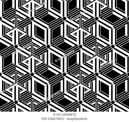 Illusive continuous monochrome pattern, decorative abstract background with 3d geometric figures. Contrast ornamental seamless backdrop
