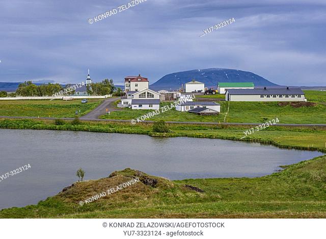 Skutustadir village seen from Skutustadagigar pseudocraters area located on the remaining wetlands of the Lake Myvatn area in Iceland