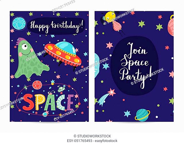 Happy birthday cartoon greeting card on space theme. Cute aliens and flying saucer in cosmos among stars and planets on blue background vector illustration