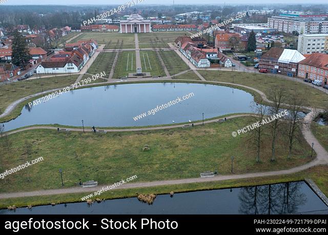 22 February 2023, Mecklenburg-Western Pomerania, Ludwigslust: The palace forecourt in Ludwigslust (aerial view with a drone) The state of Mecklenburg-Western...