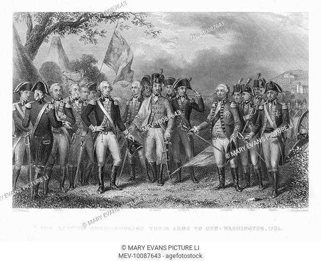 The British surrender their arms to the American army at Yorktown; prominent figures shown include Washington, Lafayette and Cornwallis