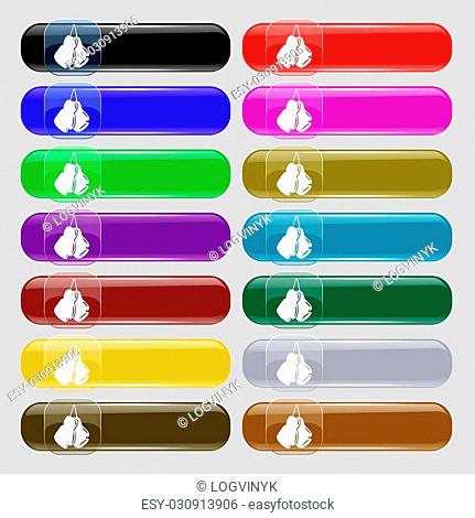 boxing gloves icon sign. Set from fourteen multi-colored glass buttons with place for text. Vector illustration
