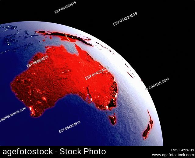 Australia at night from orbit. Plastic planet surface with visible city lights. 3D illustration. Elements of this image furnished by NASA