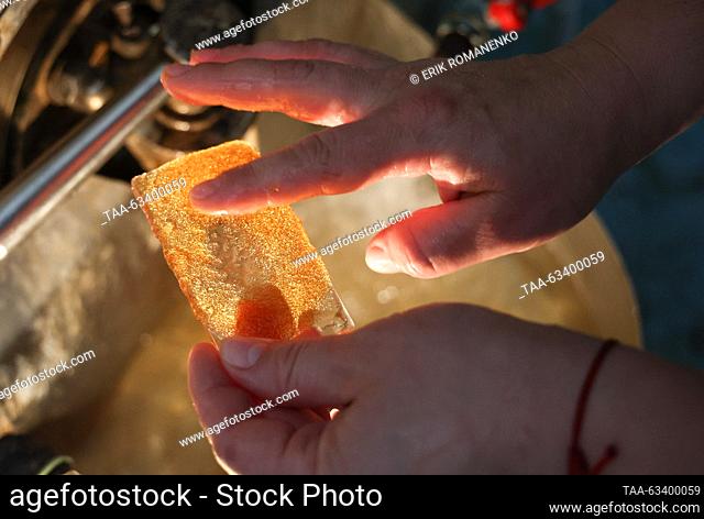 RUSSIA, KRASNODAR REGION - OCTOBER 13, 2023: A piece of sugar crystallized in a vacuum pan at the Kristall [Crystal] sugar manufacturing plant