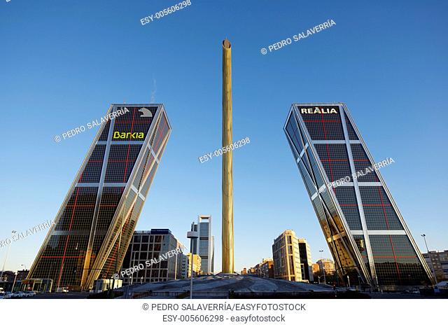Kio Towers in Plaza de Castilla and Calatrava Obelisk, Madrid, Spain