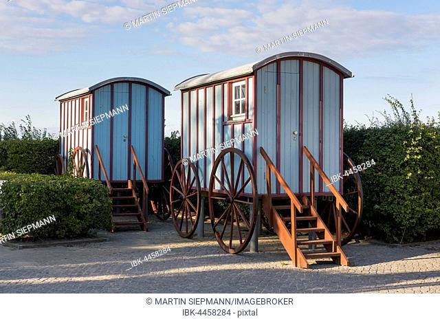 Historic bathing carts, Seebad Bansin, seaside resort, Usedom, Mecklenburg-Western Pomerania, Germany