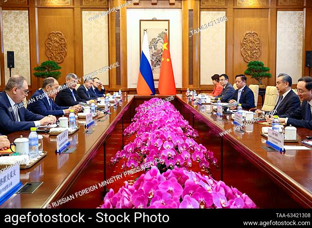 CHINA, BEIJING - OCTOBER 16, 2023: Russia's Minister of Foreign Affairs Sergei Lavrov (2nd L) and China's Minister of Foreign Affairs Wang Yi (2nd R) are seen...