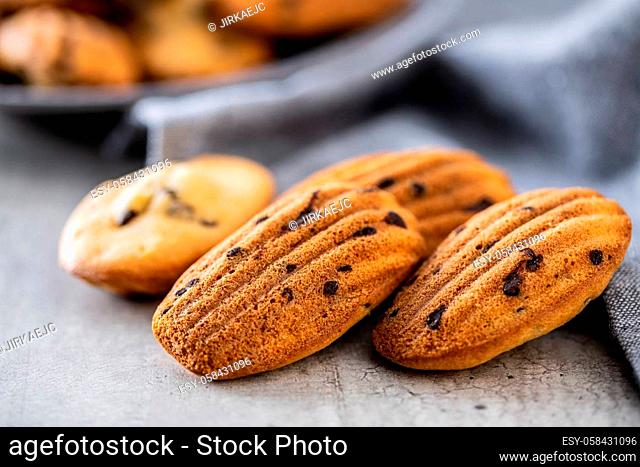 Madeleine with chocolate. Traditional French small cakes on kitchen table