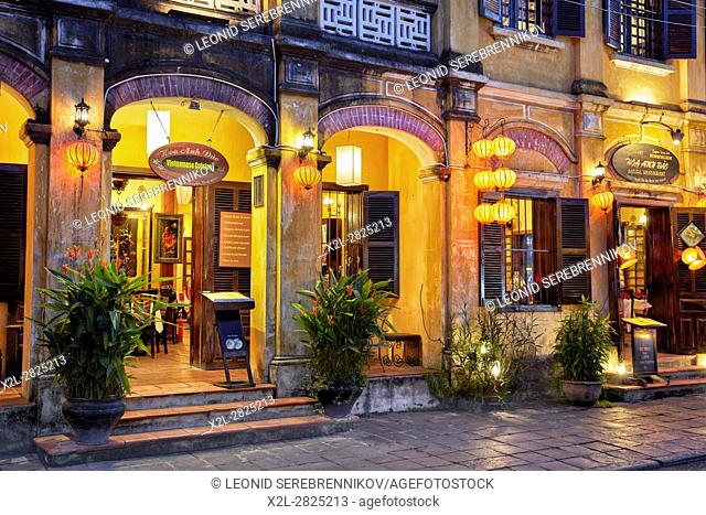 Building in Hoi An Ancient Town illuminated at dusk. Hoi An, Quang Nam Province, Vietnam