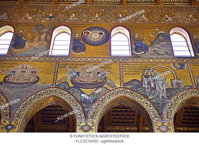 South wall mosaics depicting the bibliacl story of Noah in the Norman-Byzantine medieval cathedral of Monreale, province of Palermo, Sicily, Italy