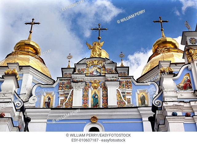 Saint Michael Monastery Cathedral Steeples Spires Facade Kiev Ukraine. Saint Michael's is a functioning Greek Orthordox Monasatery in Kiev