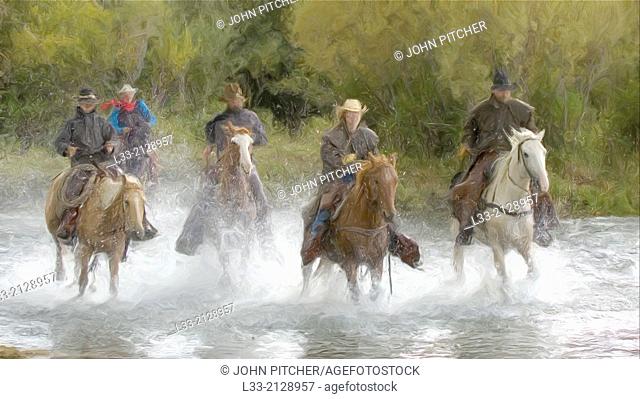 Oil painting of cowboys galloping in river