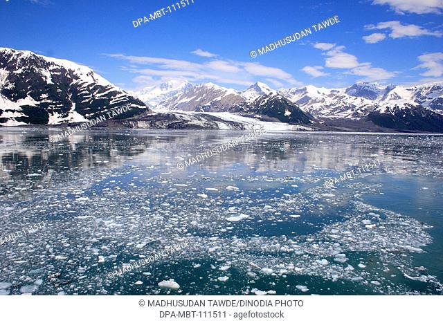 Icebergs with Hubbard glacier and saint Elias mountain ;  The longest tidewater glacier in Alaska ; Saint Elias  national park ; Disenchantment bay ; Alaska ; U