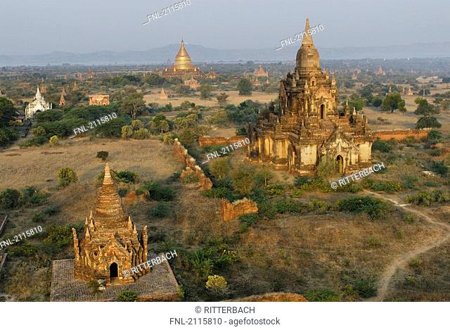 High angle view of temples on landscape, Pagan, Myanmar