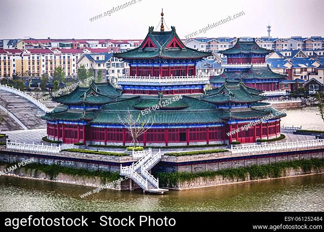 Ancient Temple Apartment Buildings Jinming Lake Kaifeng Henan China Kaifeng was the capital of China from 1000 to 1100AD