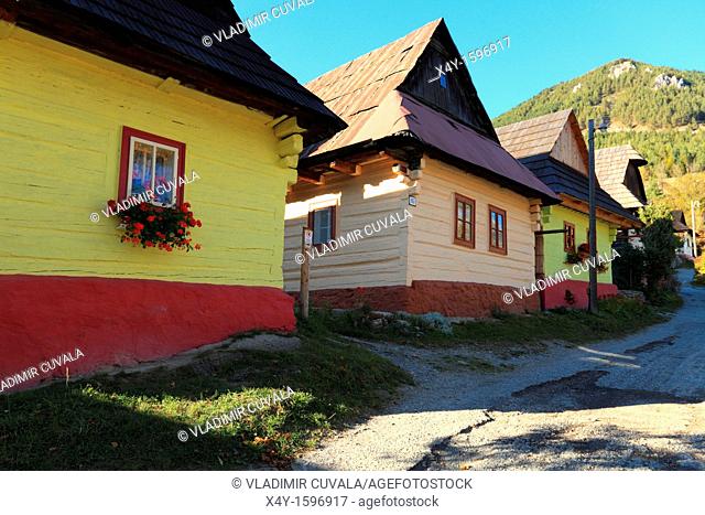 Traditional painted wooden cottages in Vlkolinec, Slovakia  Village is registered on UNESCO World Heritage Site list