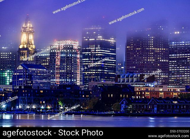 Boston, Massachusetts, USA The Old Post Office building at night in the fog