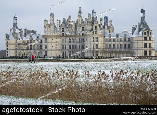 France, Loir-et-Cher (41), Chambord (UNESCO World Heritage), royal castle of the Renaissance, after rare snowfall