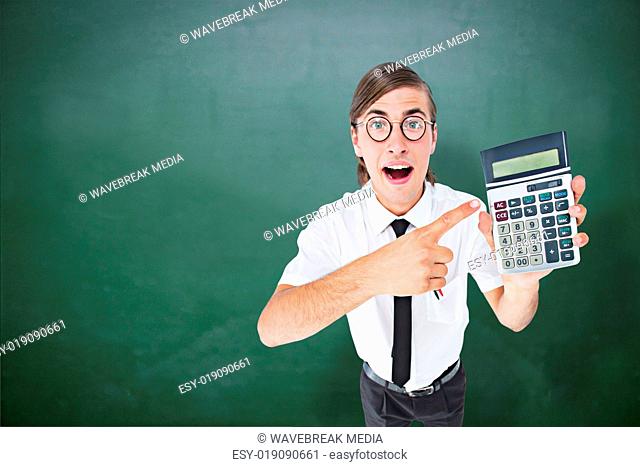 Composite image of geeky cheering businessman holding calculator