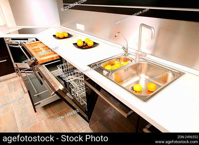 Modern kitchen with the built in home appliances