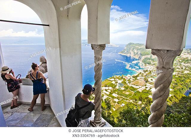 View of coastline and Marina Grande, from Villa San Michele, Anacapri, Capri island, Campania region, Tyrrhenian Sea, Italy, Europe