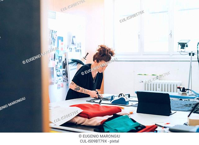 Fashion designer cutting fabric from dressmaker's pattern