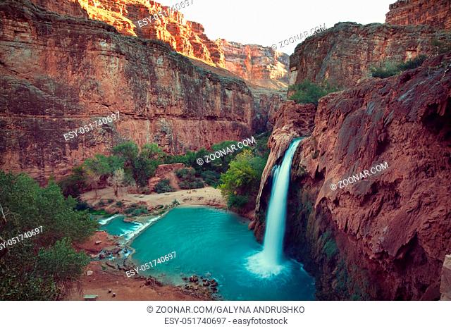 Hawasu waterfall in the Havasupai Reservation in Supai, Arizona in the Southwest corner of the Grand Canyon