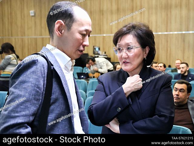 RUSSIA, MOSCOW - MARCH 1, 2023: New People Party deputy head Sardana Avksentyeva (R) attends a conference on results of three years of the party's work and...