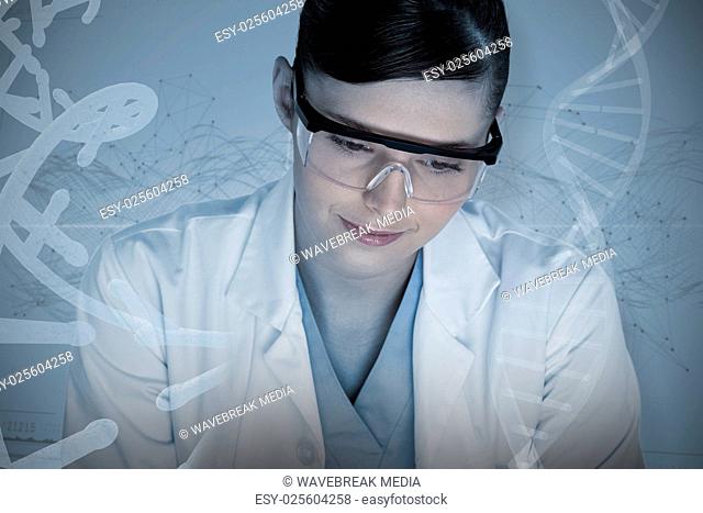 Composite image of female scientist smiling against white background