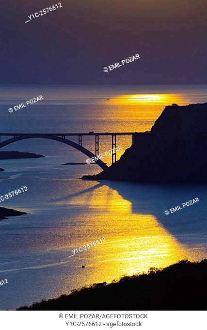 Sunset at bridge mainland to Krk island in Croatia near Rijeka