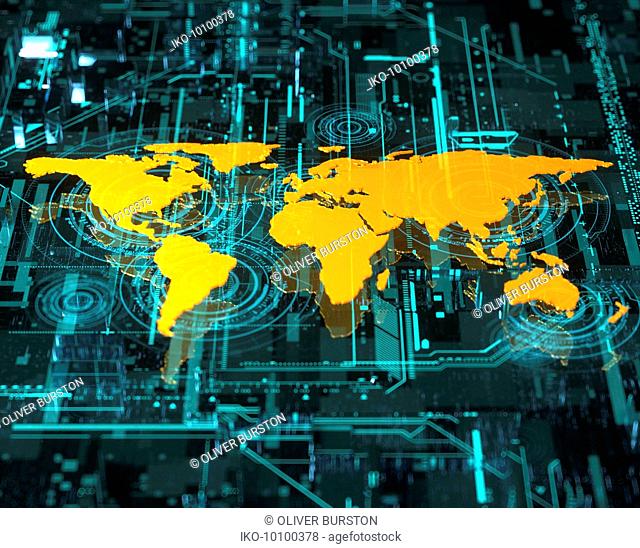 World map on high tech multi-layered computer circuit board