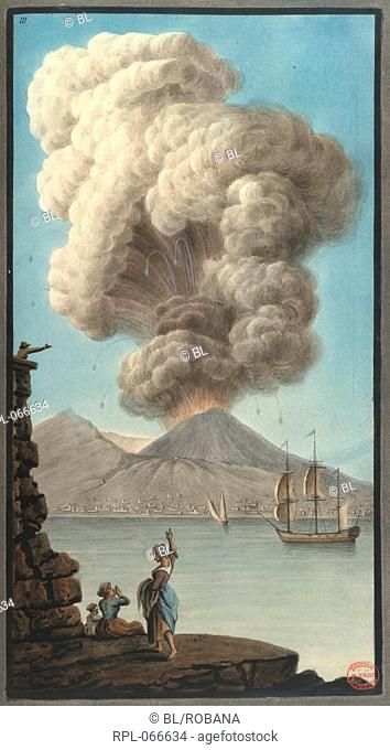 View of Mt. Vesuvius as it erupts on a Monday morning - the 9th August 1779. Taken from an original drawing by Mr Fabris