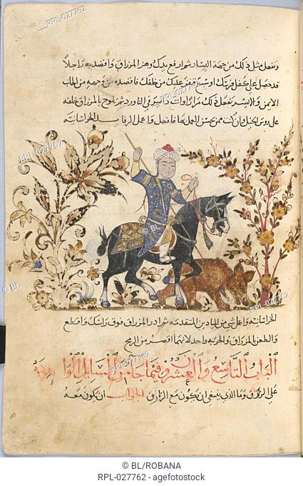 Horseman, A horseman attacking a bear with his lance. He also carries a mace at his right knee. The text mentions that this lance is particularly useful for...