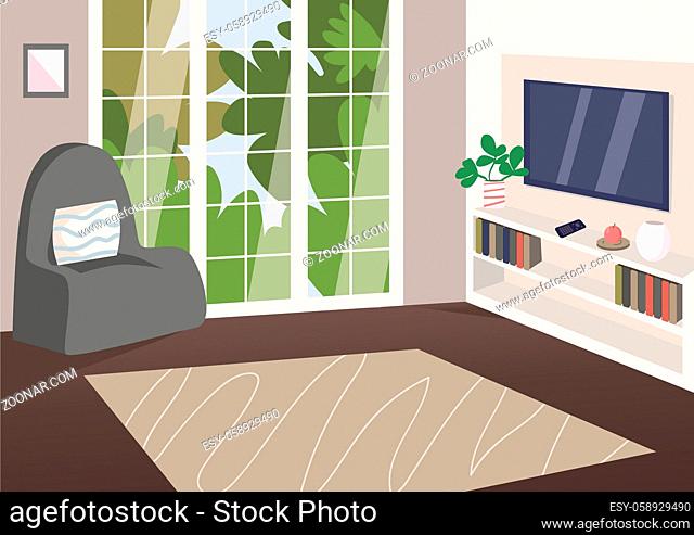 Spacious living room flat color vector illustration. Modern apartment 2D cartoon interior with plasma TV on background. House room with no people