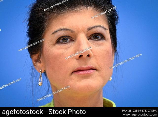 23 October 2023, Berlin: The politician Sahra Wagenknecht, photographed during the press conference on the founding of the association ""Alliance Sahra...