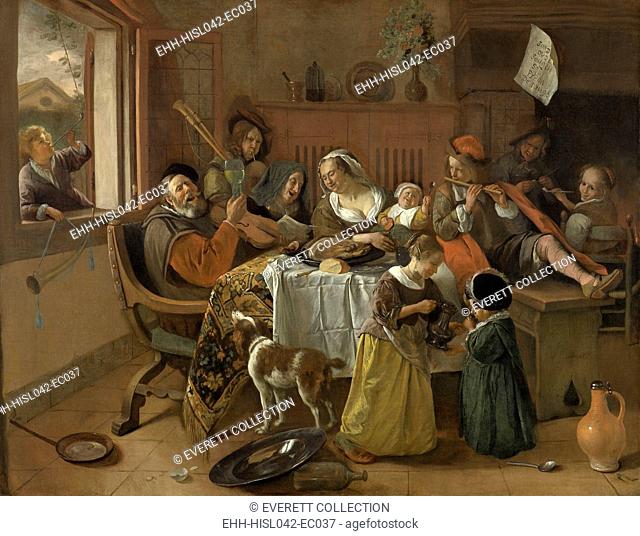 The Merry Family, by Jan Steen, 1668, Dutch painting, oil on canvas. The father sings while raising a glass and the mother and grandmother join in