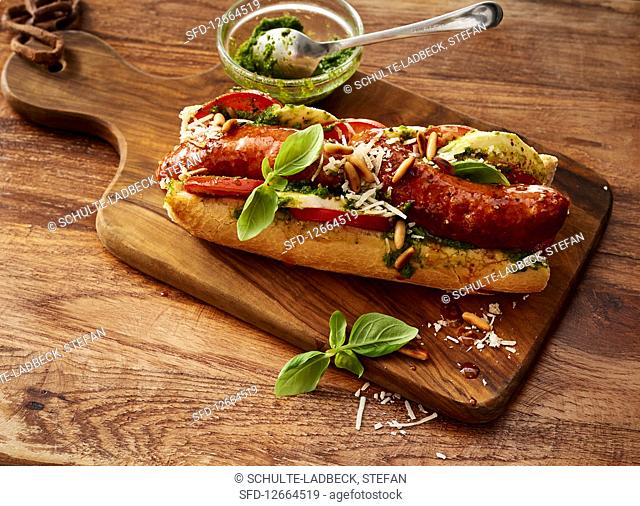 Italian-style hot dog with basil pesto