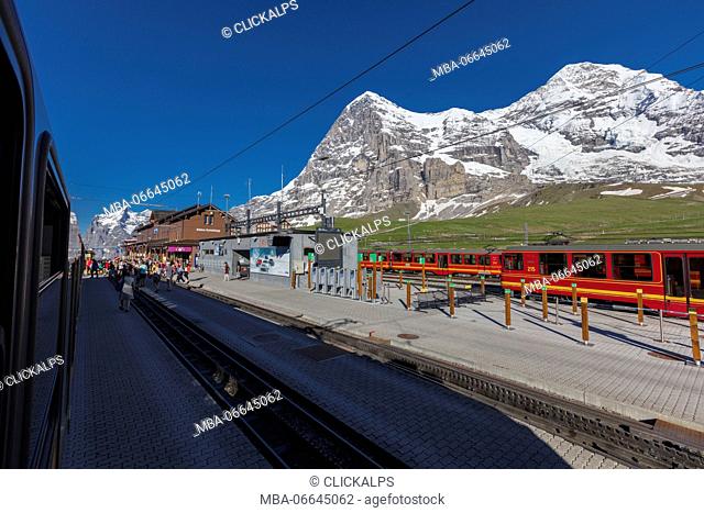 The Wengen station of Wengernalpbahn rail rack surrounded by snowy peaks Bernese Oberland canton of Bern Switzerland Europe