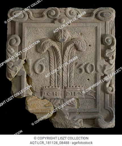 Facade stone with three Jerusalem springs, text 1630 in cartouche, facing brick sculpture sculpture building component sandstone stone
