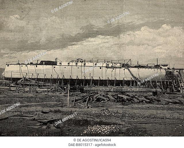 The ironclad battleship Sardegna under construction in La Spezia arsenal, Italy, engraving by Ernesto Mancastropa from a photograph by Ulisse Conti-Vecchi