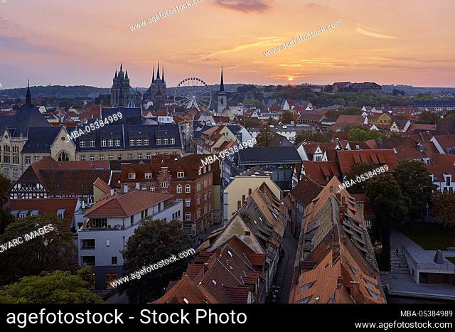 View over Erfurt with ferris wheel, cathedral and Severikirche to Oktoberfest, Thuringia, Germany