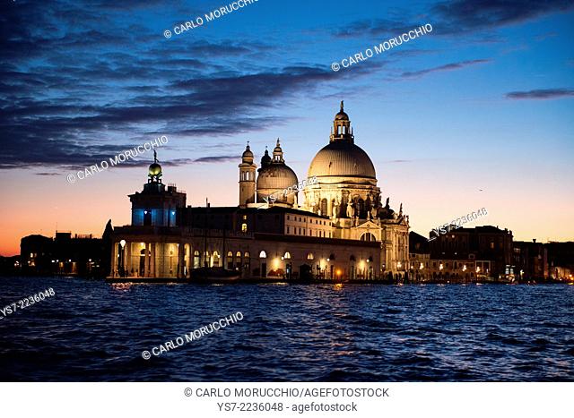 Santa Maria della Salute church at dusk, Grand Canal, Venice, Italy, Europe
