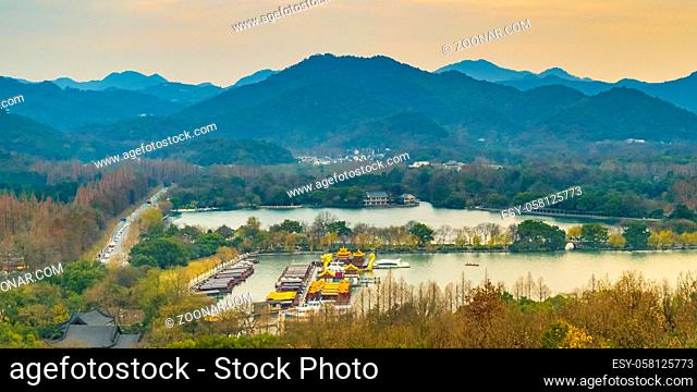 HANGZHOU, CHINA, DECEMBER - 2018 - Aerial view of west lake park from leifing pagoda viewpoing, hangzhou city, china