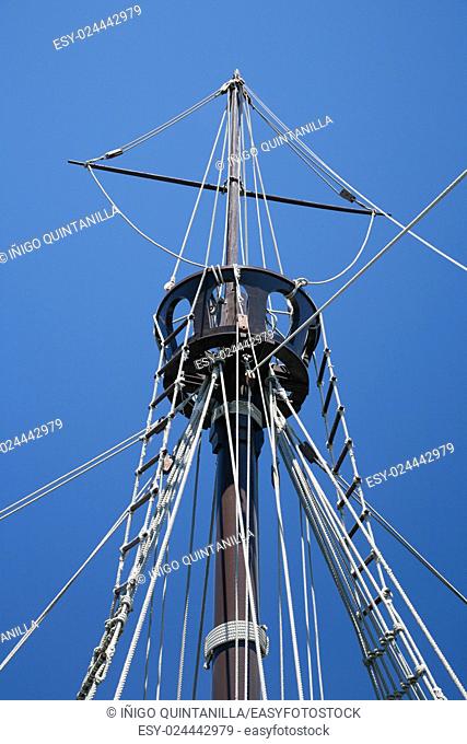 detail of crow nest and rigging ropes in replica of ancient boat caravel of Christopher Columbus when discovered America in 1492