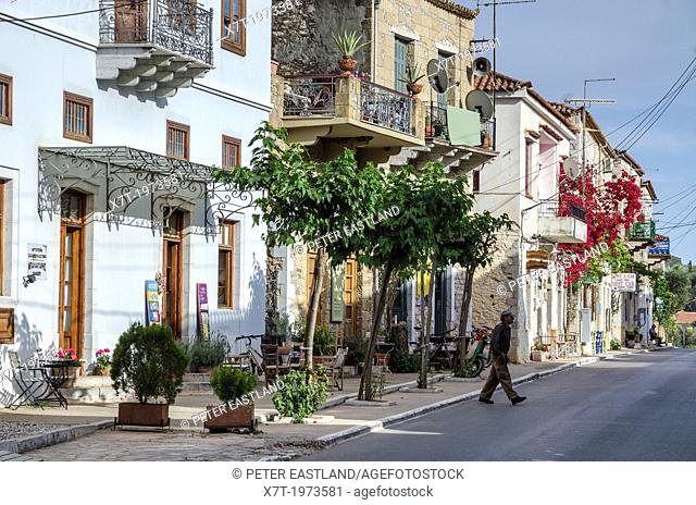 Traditional old houses on the main street of Kardamyli village in the Outer Mani, Messinia, Peloponnese, Greece