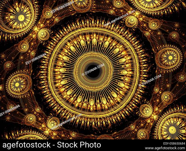 Esoteric or mystical golden fractal background - ornate precious mandala. Sacred geometry. Abstract computer-generated image for covers, web design, posters