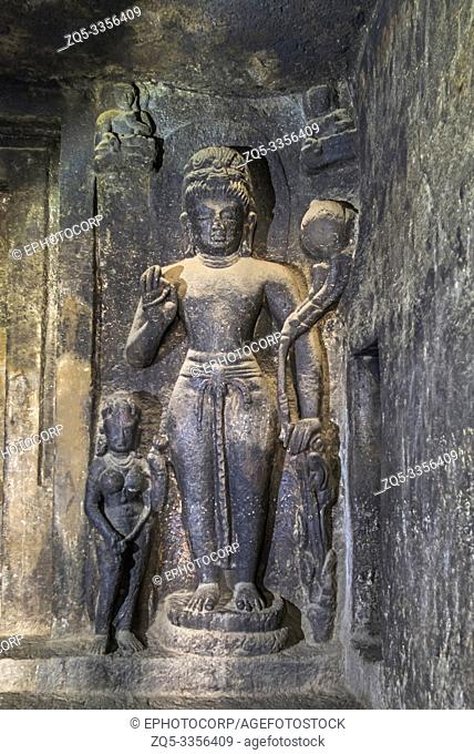Cave 20, Image of Padmapani in antechamber with a female attendant, Nasik, Maharashtra