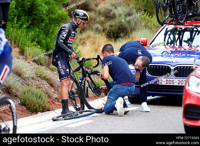 Belgian Remco Evenepoel of Quick-Step Alpha Vinyl has mechanical problems during stage 2 of the 2023 edition of the 'Vuelta a Espana'